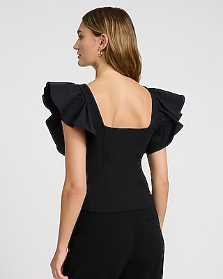 Studio Stretch Crepe Mixed Media Square Neck Flutter Sleeve Tank