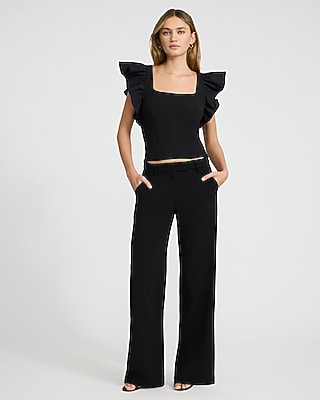 Studio Stretch Crepe Mixed Media Square Neck Flutter Sleeve Tank