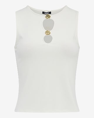 Fitted Ribbed Gold Hardware Cutout Crew Neck Tank