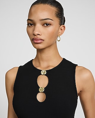 Fitted Ribbed Gold Hardware Cutout Crew Neck Tank
