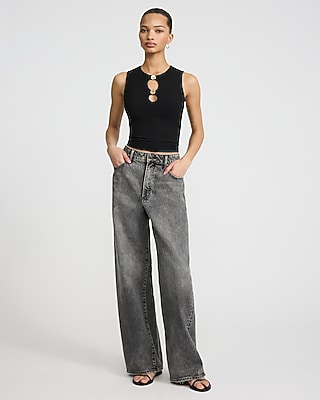 Fitted Ribbed Gold Hardware Cutout Crew Neck Tank