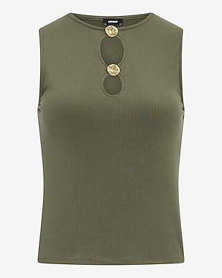Fitted Ribbed Gold Hardware Cutout Crew Neck Tank
