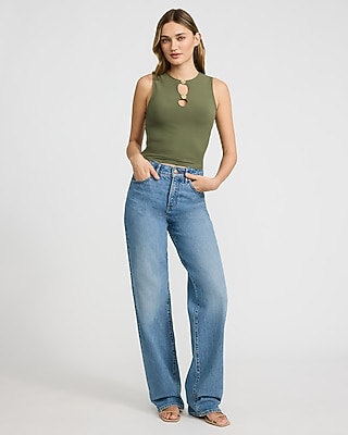 Fitted Ribbed Gold Hardware Cutout Crew Neck Tank