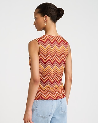 Chevron Crochet Crew Neck Cutout Twist Front Tank