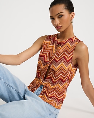 Chevron Crochet Crew Neck Cutout Twist Front Tank