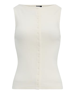 Ribbed Boat Neck Button Front Knit Tank