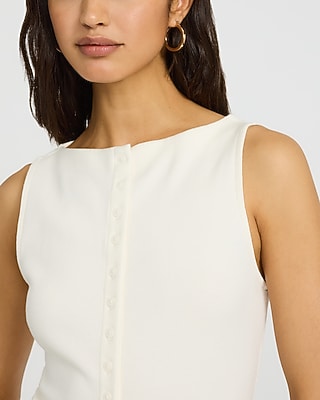 Ribbed Boat Neck Button Front Knit Tank