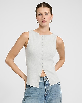 Ribbed Boat Neck Button Front Knit Tank | Express