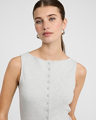 Ribbed Boat Neck Button Front Knit Tank