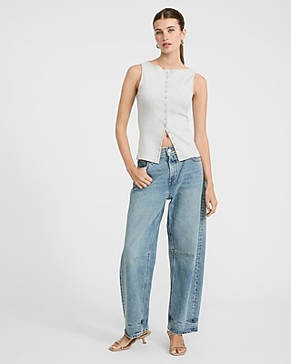 Ribbed Boat Neck Button Front Knit Tank