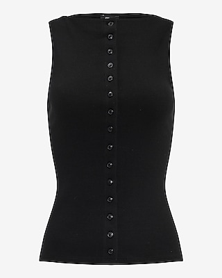 Ribbed Boat Neck Button Front Knit Tank