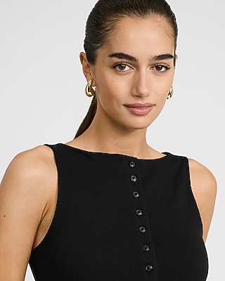 Ribbed Boat Neck Button Front Knit Tank