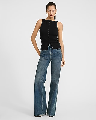 Ribbed Boat Neck Button Front Knit Tank