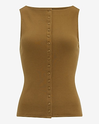 Ribbed Boat Neck Button Front Knit Tank
