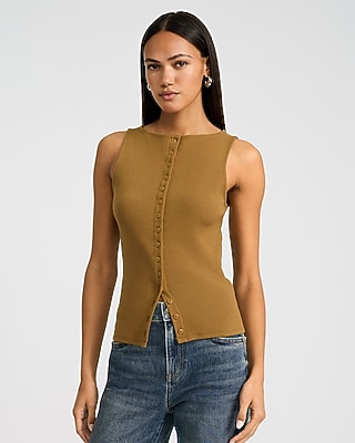 Ribbed Boat Neck Button Front Knit Tank