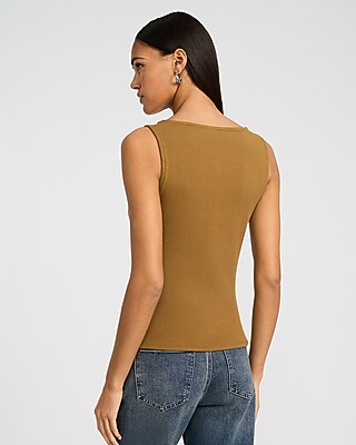 Ribbed Boat Neck Button Front Knit Tank