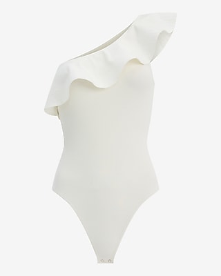 Ribbed One Shoulder Ruffle Bodysuit Stretch Cotton