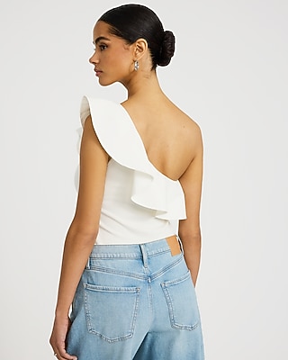 Ribbed One Shoulder Ruffle Bodysuit Stretch Cotton