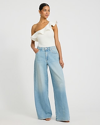 Ribbed One Shoulder Ruffle Bodysuit Stretch Cotton