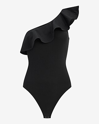 Ribbed One Shoulder Ruffle Bodysuit Stretch Cotton