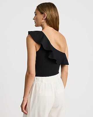 Ribbed One Shoulder Ruffle Bodysuit Stretch Cotton