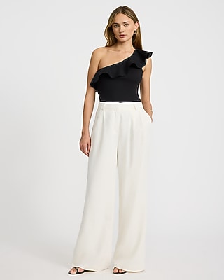 Ribbed One Shoulder Ruffle Bodysuit Stretch Cotton