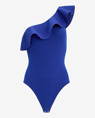 Stretch Cotton Ribbed One Shoulder Ruffle Bodysuit