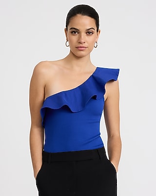 Stretch Cotton Ribbed One Shoulder Ruffle Bodysuit