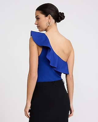Stretch Cotton Ribbed One Shoulder Ruffle Bodysuit