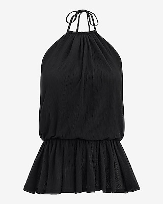 Textured Tie Halter Peplum Cami