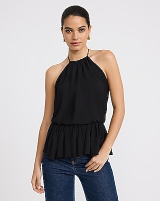 Textured Tie Halter Peplum Cami