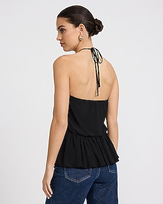 Textured Tie Halter Peplum Cami