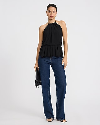 Textured Tie Halter Peplum Cami