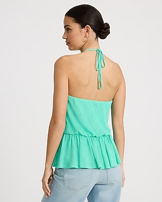 Textured Tie Halter Peplum Cami