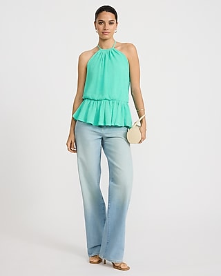 Textured Tie Halter Peplum Cami