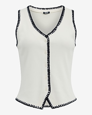 Ribbed Button Front Contrast Stitch Trim Knit Vest