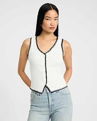 Ribbed Button Front Contrast Stitch Trim Knit Vest