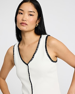 Ribbed Button Front Contrast Stitch Trim Knit Vest