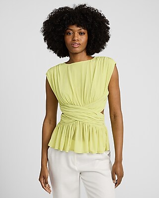 Crew Neck Cap Sleeve Ruched Criss Cross Cutout Top