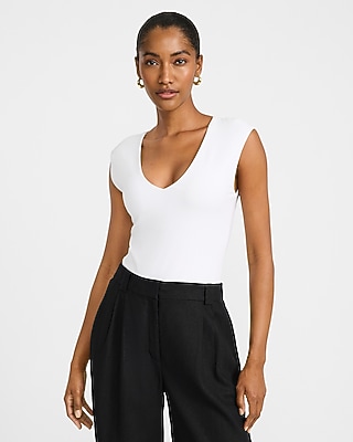 Body Contour Light Compression Stretch Cotton V-Neck Cap Sleeve Bodysuit