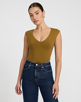 Body Contour Light Compression Stretch Cotton V-Neck Cap Sleeve Bodysuit