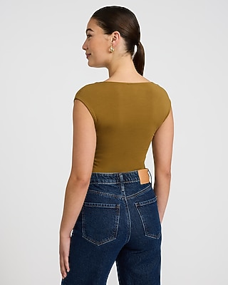 Body Contour Light Compression Stretch Cotton V-Neck Cap Sleeve Bodysuit