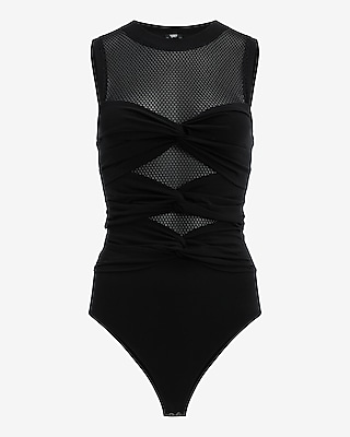 Fitted Mesh Crew Neck Twist Front Bodysuit - image 2