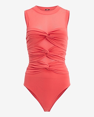Fitted Mesh Crew Neck Twist Front Bodysuit
