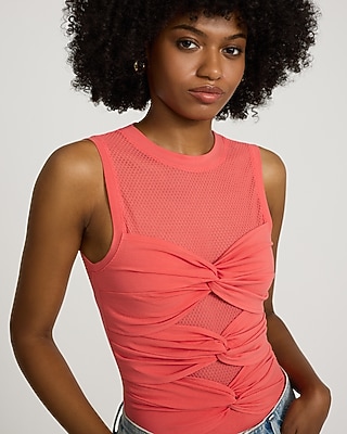 Fitted Mesh Crew Neck Twist Front Bodysuit - image 5