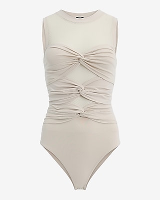 Fitted Mesh Crew Neck Twist Front Bodysuit - image 3
