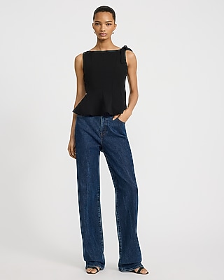 Boat Neck Tie Shoulder Peplum Tank