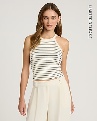 Ribbed Texture Halter Neck Crop Top in Brown - Retro, Indie