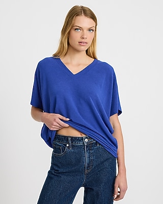 Relaxed Crepe V-neck Short Sleeve Sweater | Express