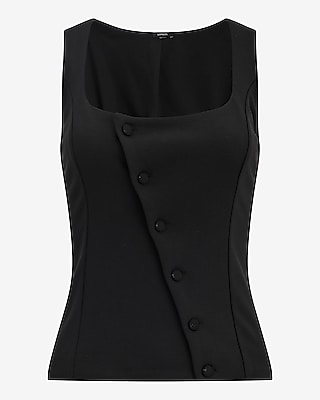 Scoop Neck Asymmetrical Button Tailored Tank Stretch Cotton